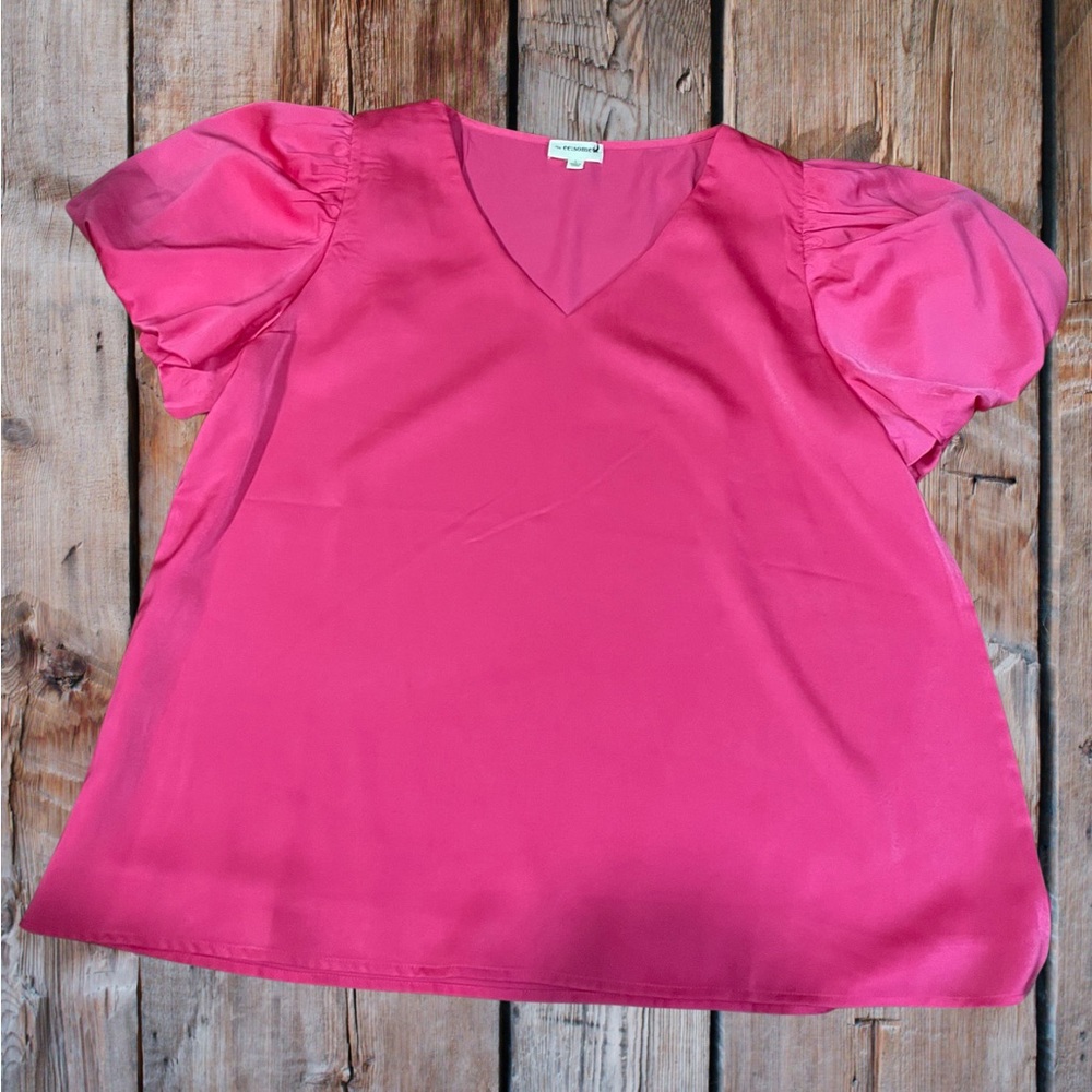 ee:some V neck Hot Pink blouse Size Large satin short balloon puff sleeves NEW